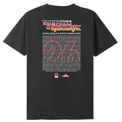 2026 GQ Trampoline & Acrobatic State Names T-Shirt - Charcoal