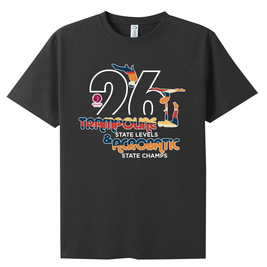 2026 GQ Trampoline & Acrobatic State Names T-Shirt - Charcoal